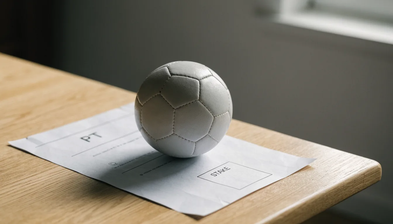 Uma bola de futebol pousada sobre um talão de apostas em branco numa mesa de madeira, à luz do dia