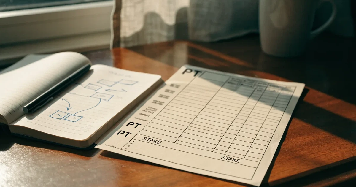 Um talão de apostas em branco ao lado de uma calculadora e de um bloco de notas com um esquema desenhado à mão
