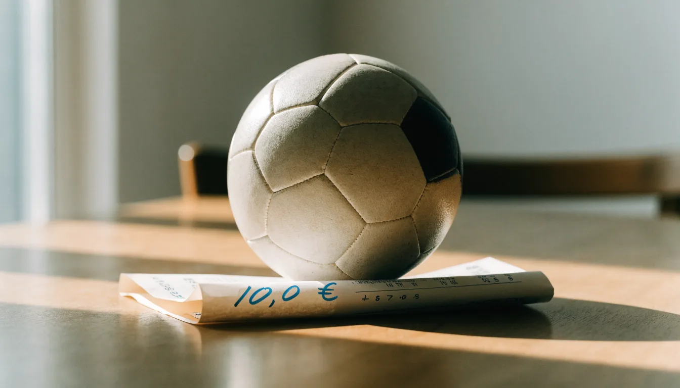 Uma bola de futebol pousada sobre um talão de apostas em branco numa mesa de madeira, à luz do dia