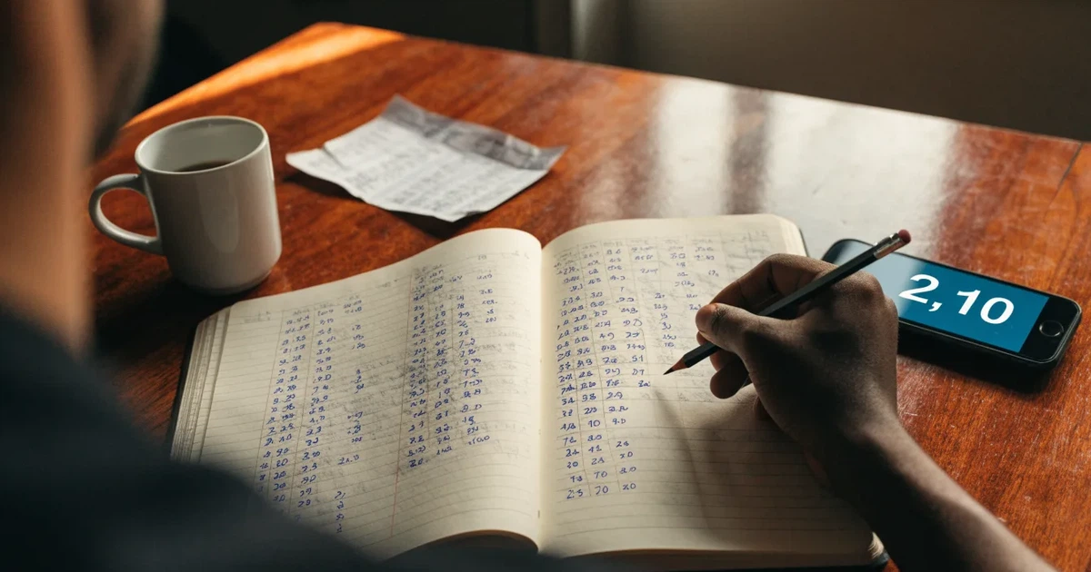Um caderno aberto com cotas escritas à mão, uma calculadora e um lápis sobre uma mesa de madeira