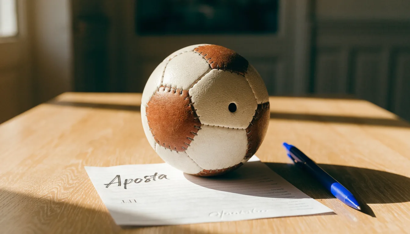 Uma bola de futebol pousada sobre um talão de apostas em branco numa mesa de madeira, à luz do dia