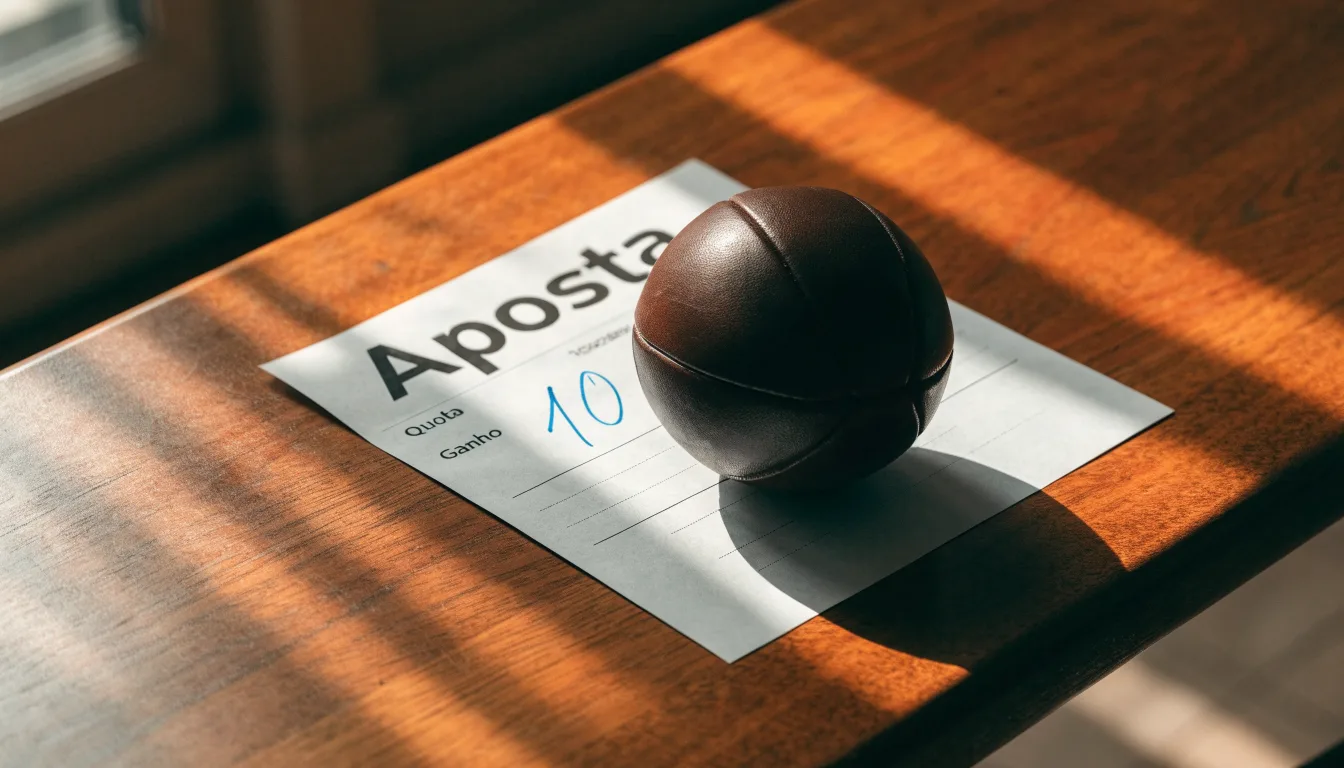 Uma bola de futebol pousada sobre um talão de apostas em branco numa mesa de madeira, à luz do dia