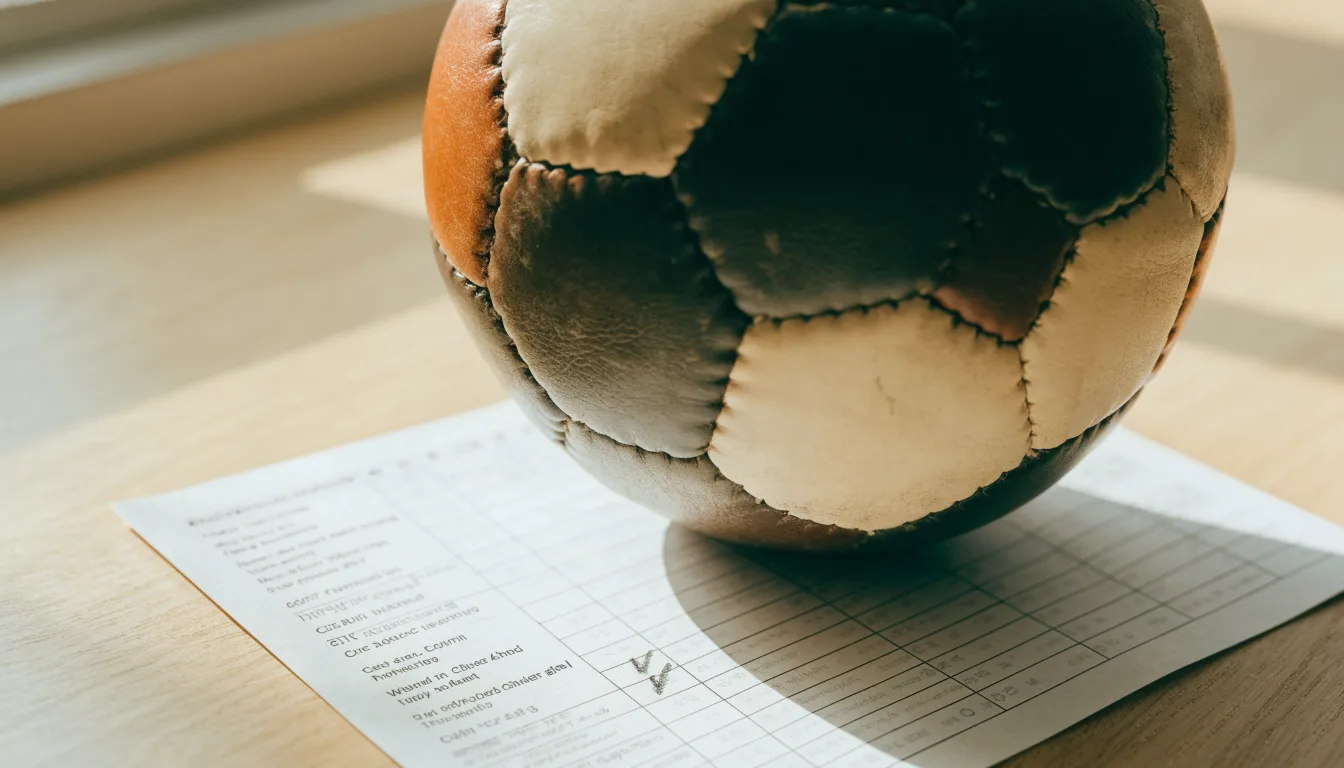 Uma bola de futebol pousada sobre um talão de apostas em branco numa mesa de madeira, à luz do dia
