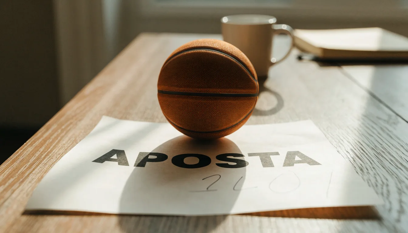 Uma bola de futebol pousada sobre um talão de apostas em branco numa mesa de madeira, à luz do dia