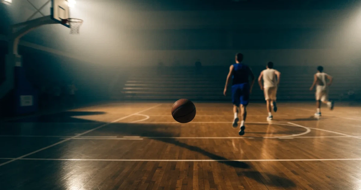 Uma bola de futebol no ponto central de um relvado, à luz da manhã