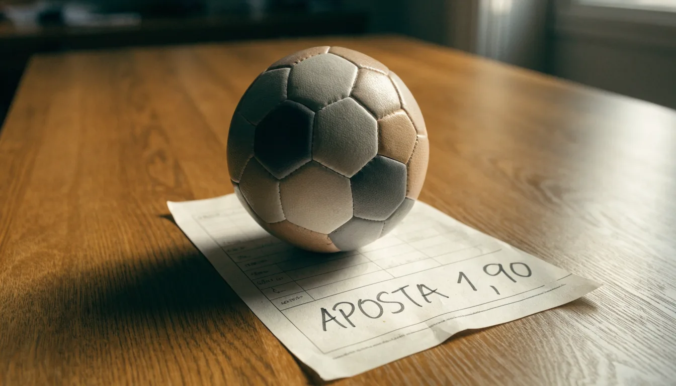 Uma bola de futebol pousada sobre um talão de apostas em branco numa mesa de madeira, à luz do dia