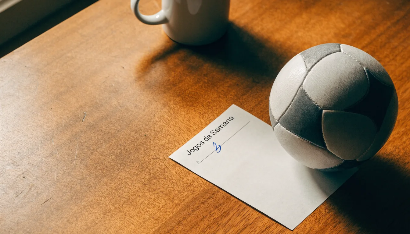 Uma bola de futebol pousada sobre um talão de apostas em branco numa mesa de madeira, à luz do dia