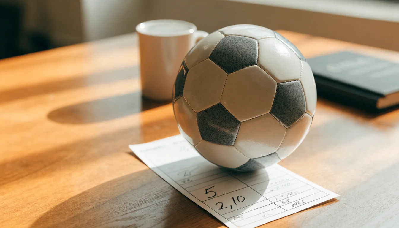 Uma bola de futebol pousada sobre um talão de apostas em branco numa mesa de madeira, à luz do dia