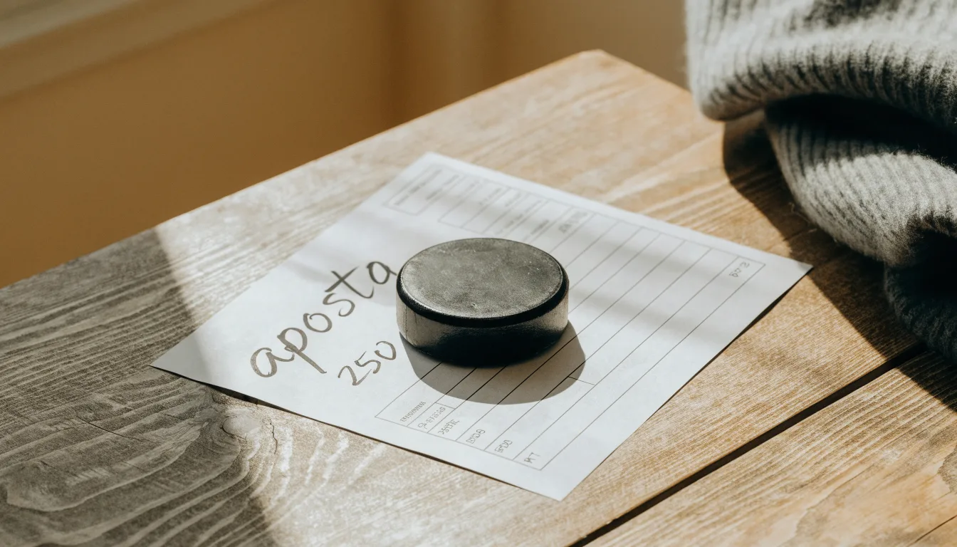 Uma bola de futebol pousada sobre um talão de apostas em branco numa mesa de madeira, à luz do dia