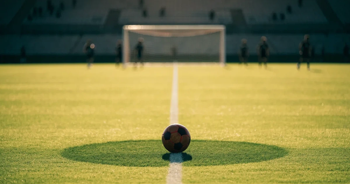 Uma bola de futebol no ponto central de um relvado, à luz da manhã