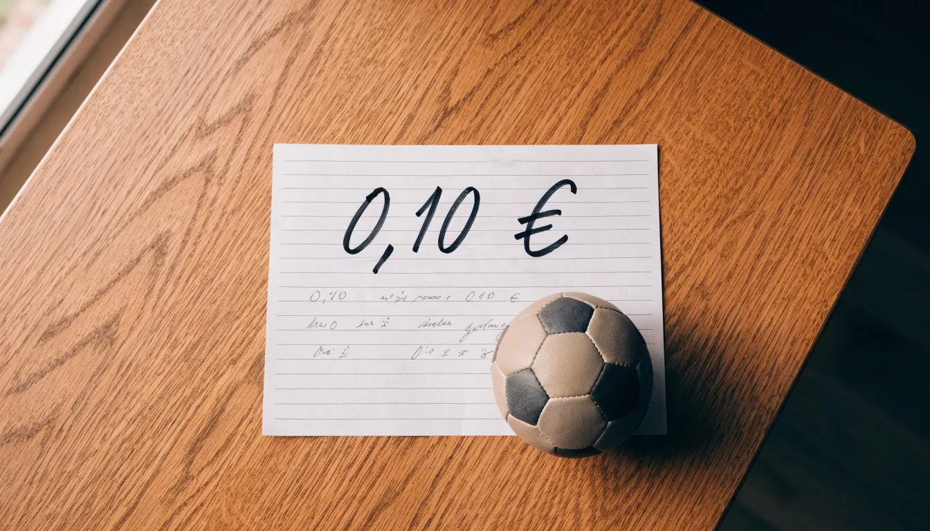 Uma bola de futebol pousada sobre um talão de apostas em branco numa mesa de madeira, à luz do dia