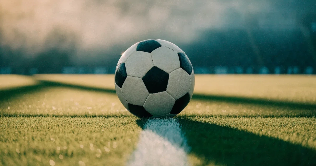 Uma bola de futebol no ponto central de um relvado, à luz da manhã
