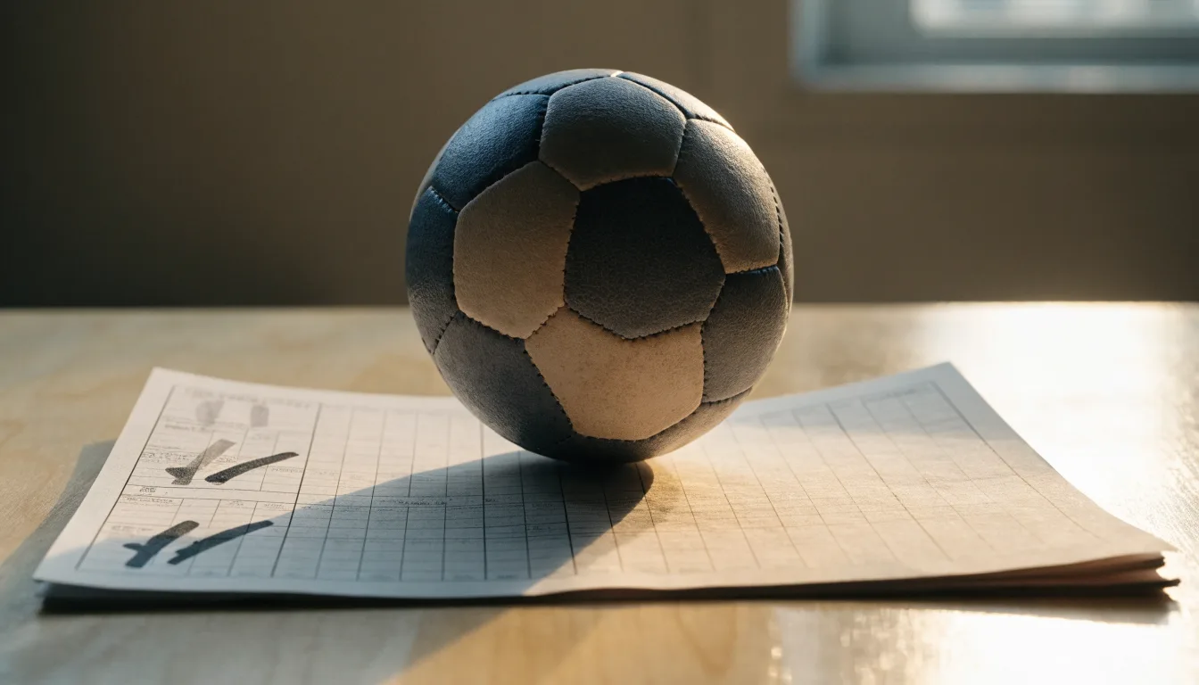 Uma bola de futebol pousada sobre um talão de apostas em branco numa mesa de madeira, à luz do dia