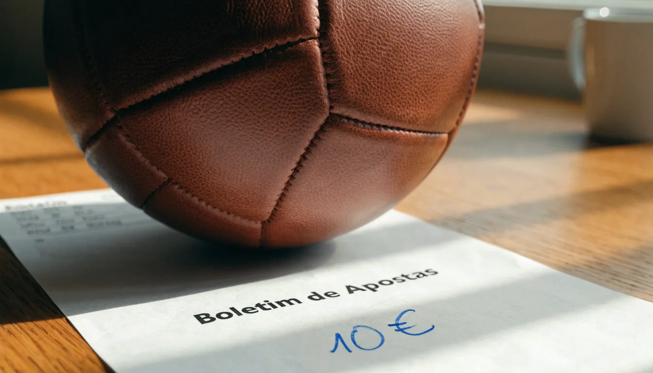 Uma bola de futebol pousada sobre um talão de apostas em branco numa mesa de madeira, à luz do dia
