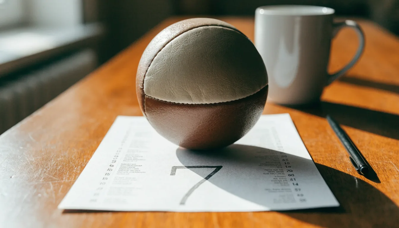 Uma bola de futebol pousada sobre um talão de apostas em branco numa mesa de madeira, à luz do dia