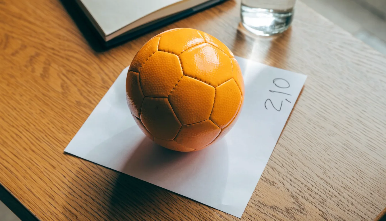Uma bola de futebol pousada sobre um talão de apostas em branco numa mesa de madeira, à luz do dia