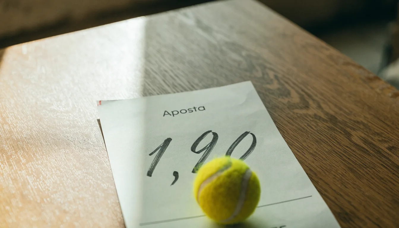 Uma bola de futebol pousada sobre um talão de apostas em branco numa mesa de madeira, à luz do dia