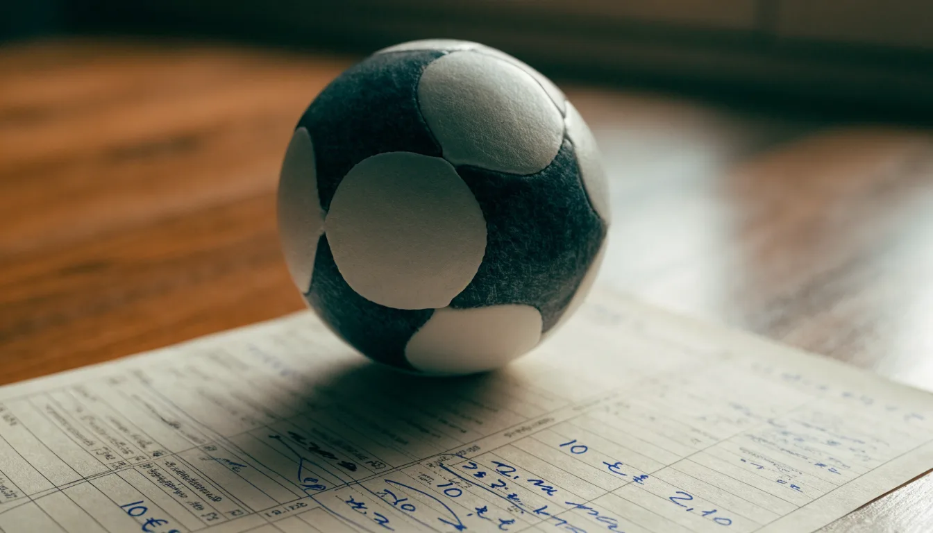 Uma bola de futebol pousada sobre um talão de apostas em branco numa mesa de madeira, à luz do dia