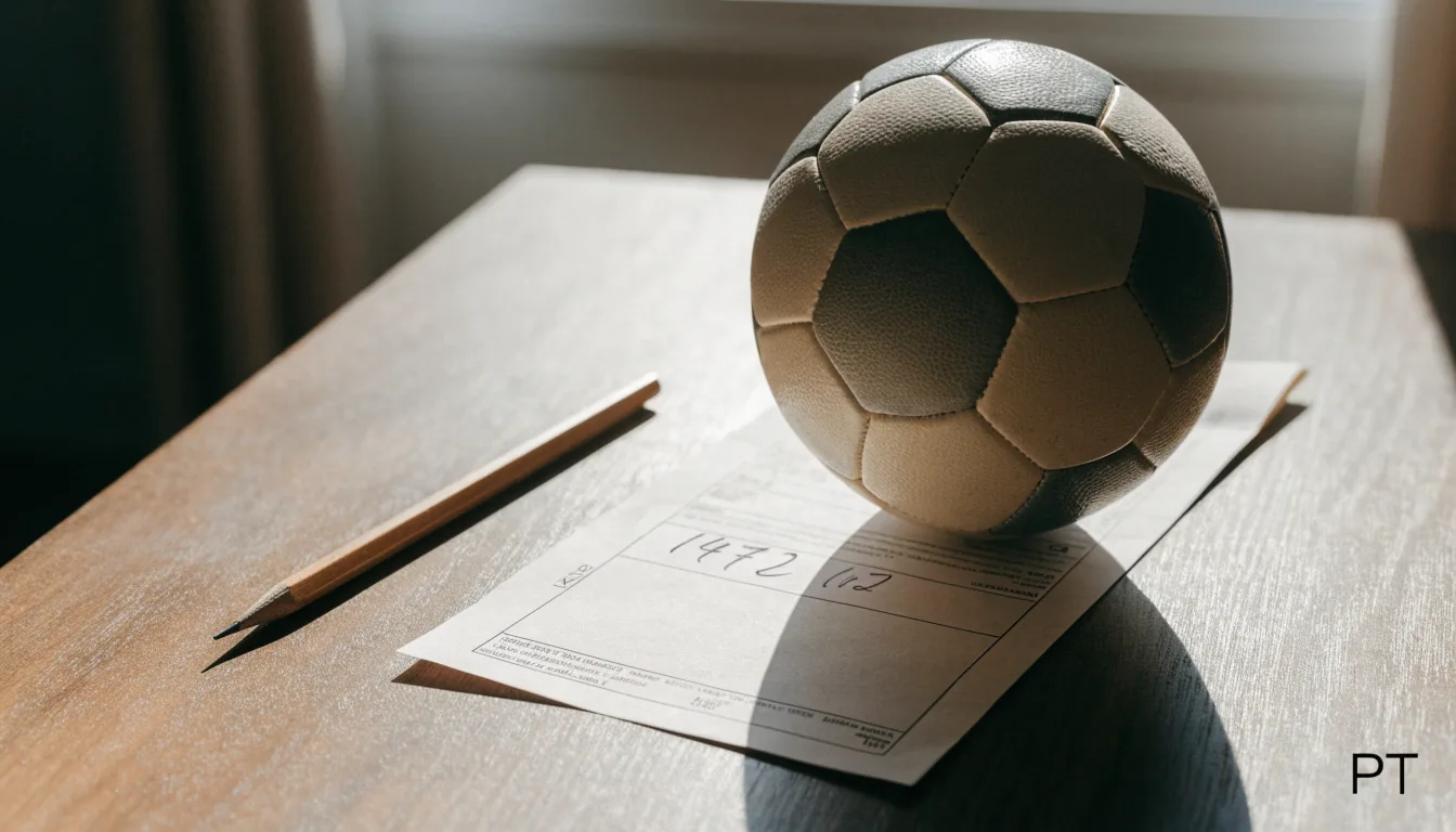 Uma bola de futebol pousada sobre um talão de apostas em branco numa mesa de madeira, à luz do dia
