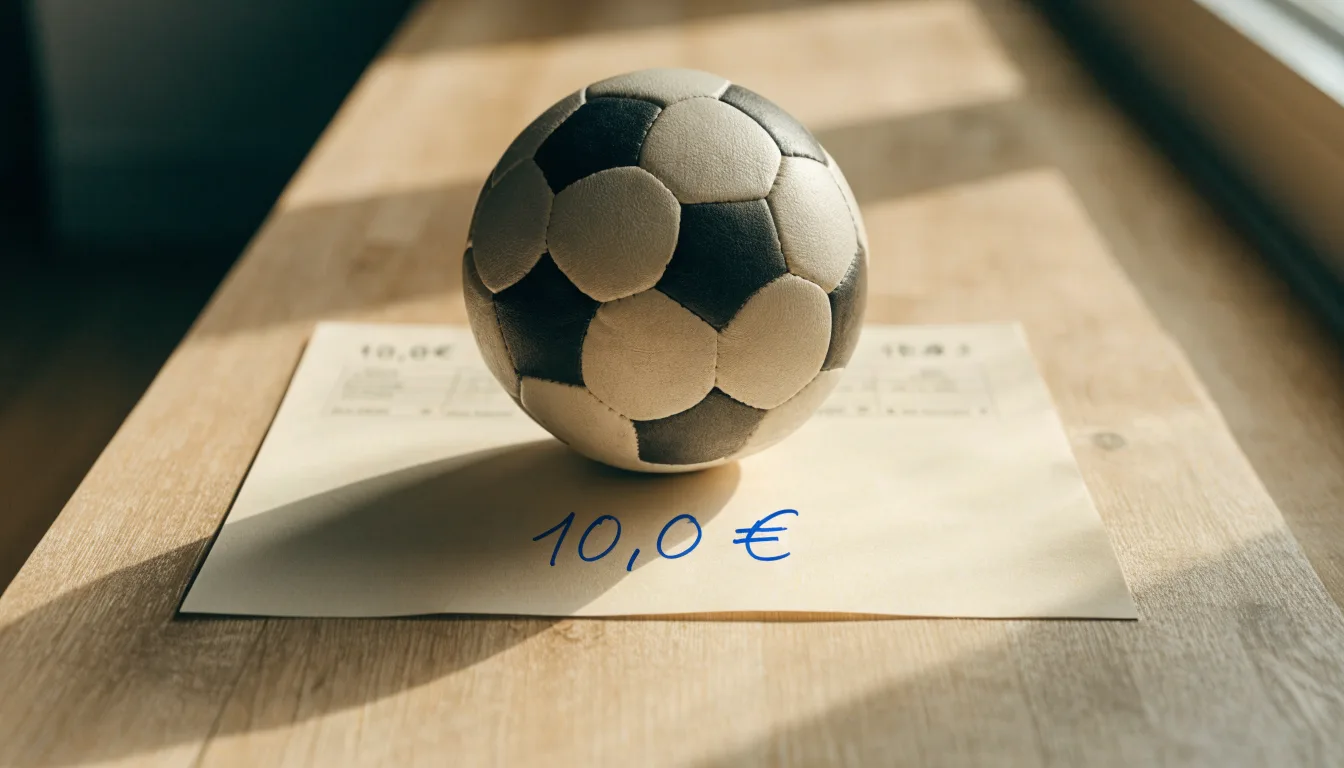 Uma bola de futebol pousada sobre um talão de apostas em branco numa mesa de madeira, à luz do dia