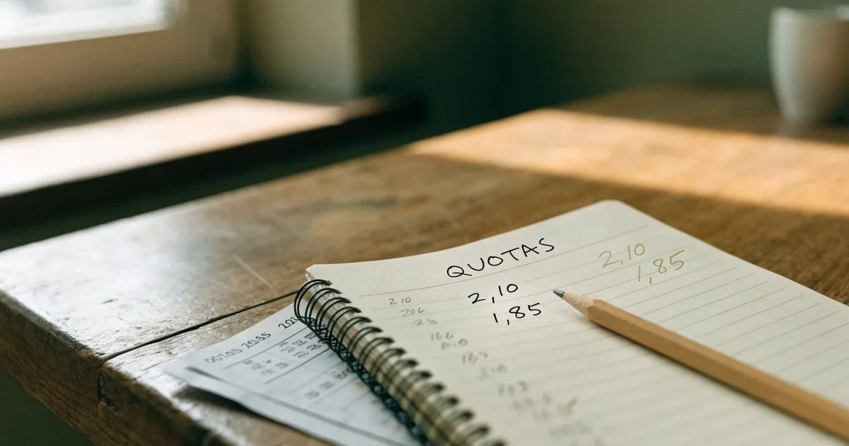 Um caderno aberto com cotas escritas à mão, uma calculadora e um lápis sobre uma mesa de madeira