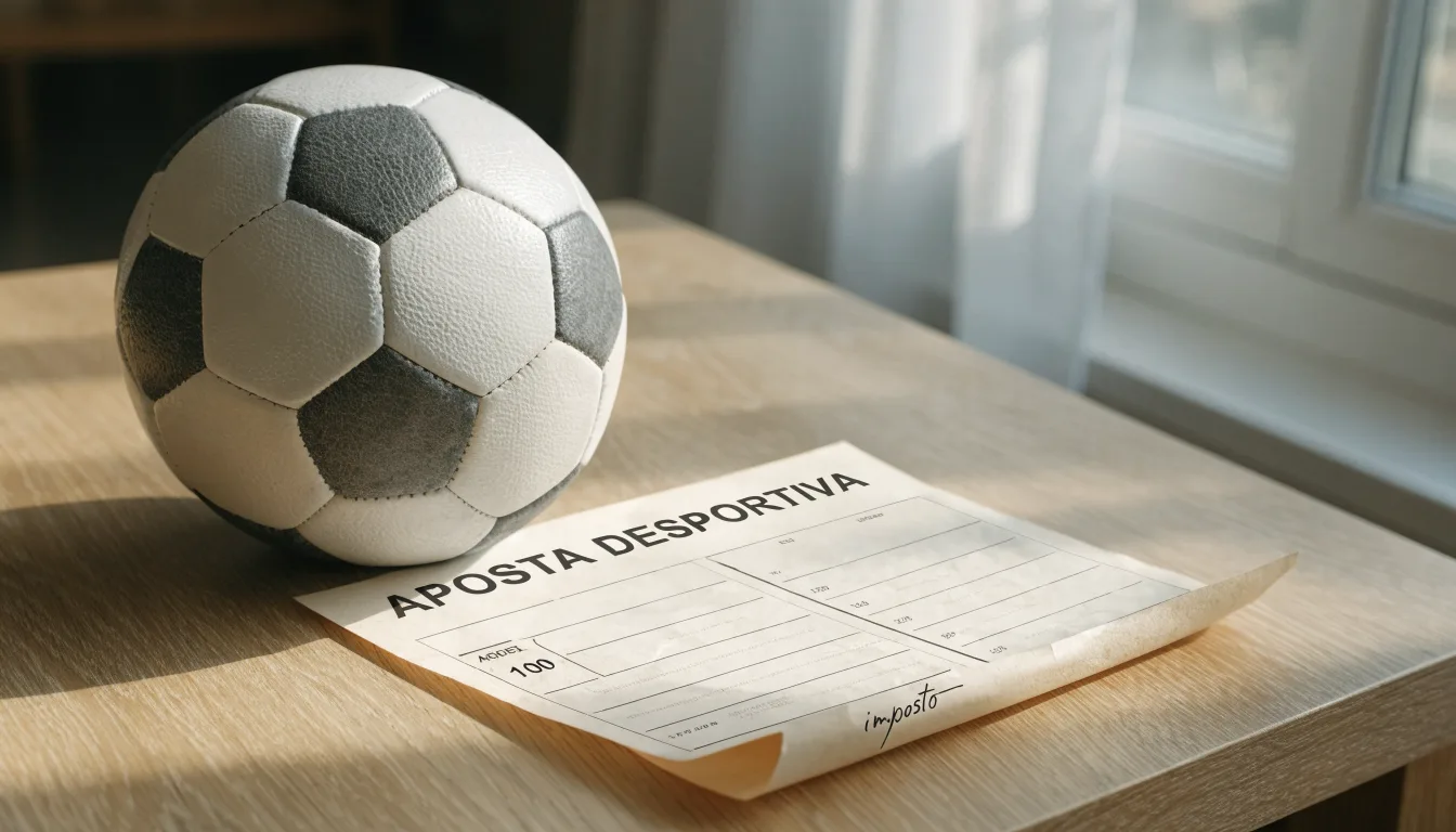 Uma bola de futebol pousada sobre um talão de apostas em branco numa mesa de madeira, à luz do dia