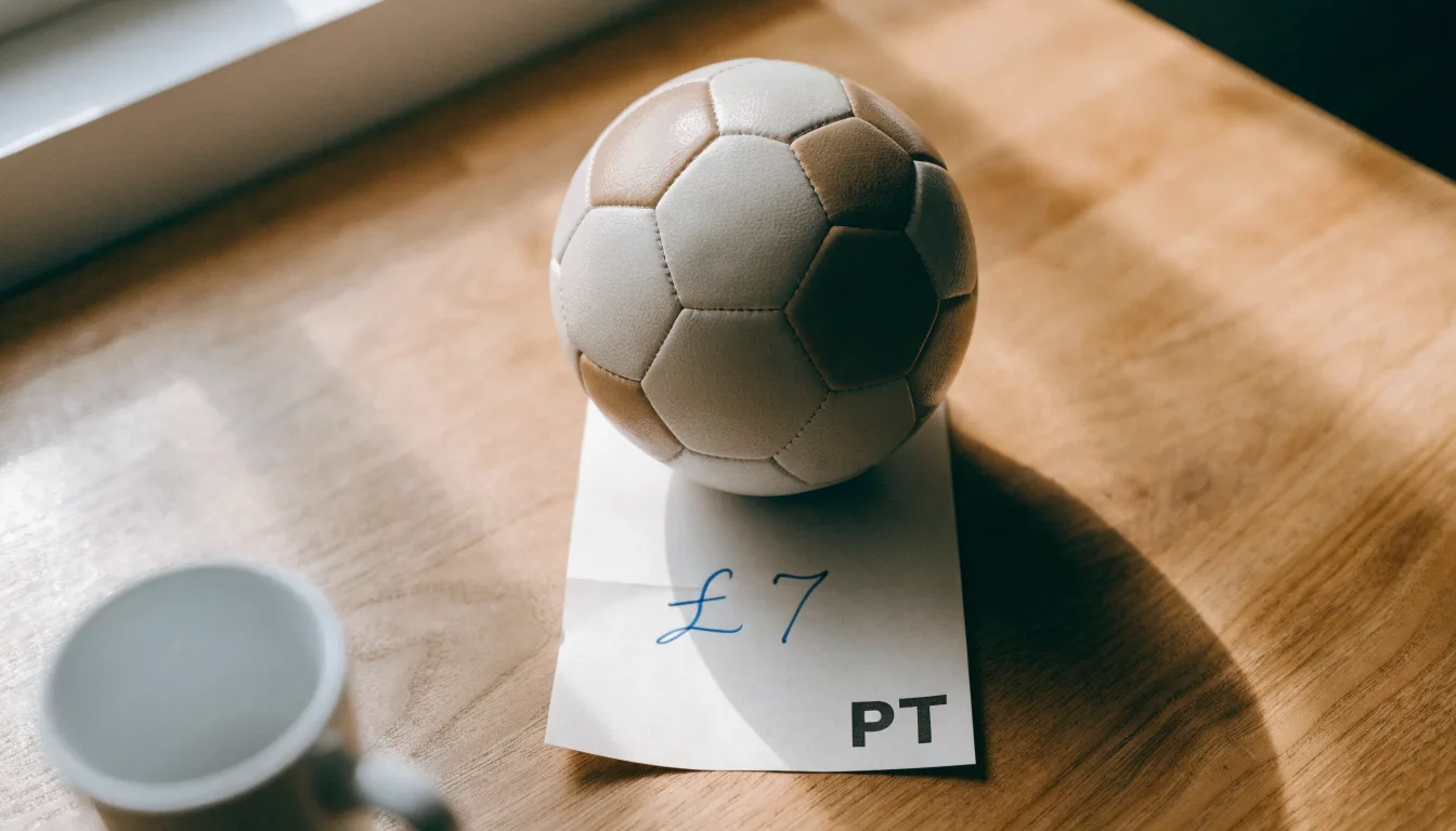 Uma bola de futebol pousada sobre um talão de apostas em branco numa mesa de madeira, à luz do dia
