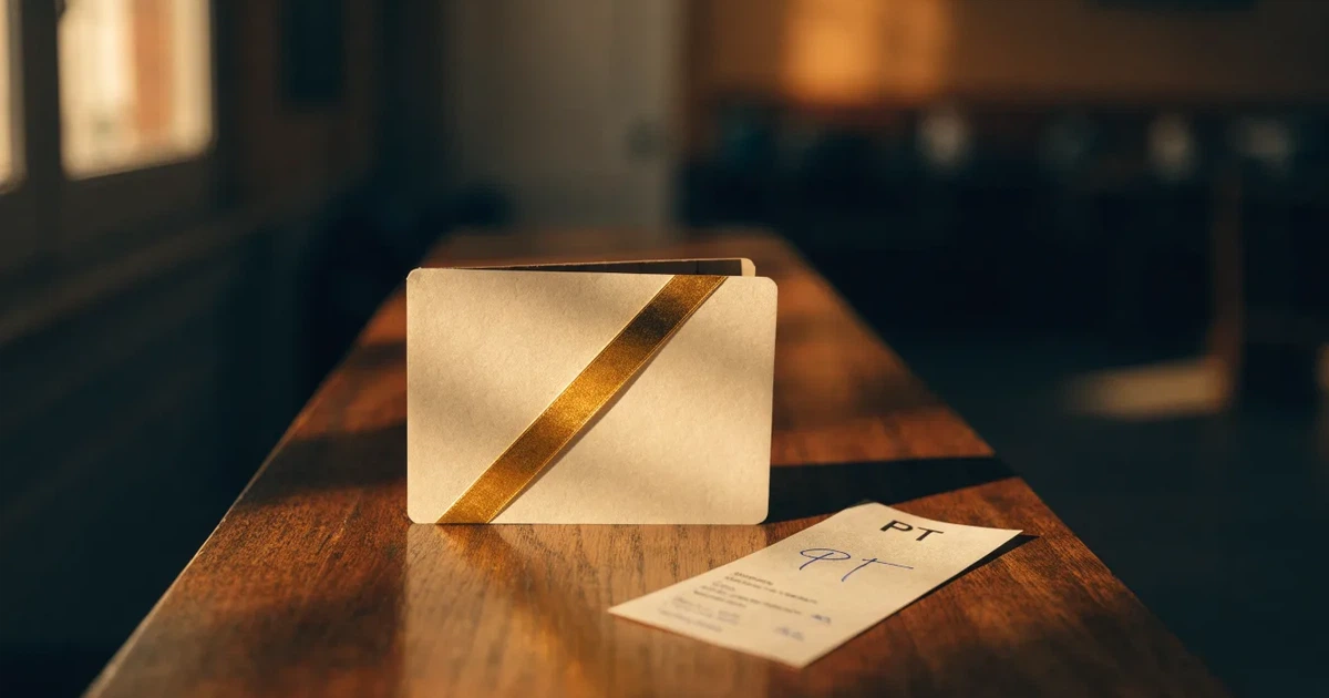 Um cartão de oferta com uma fita dourada ao lado de um talão de apostas numa bancada de madeira