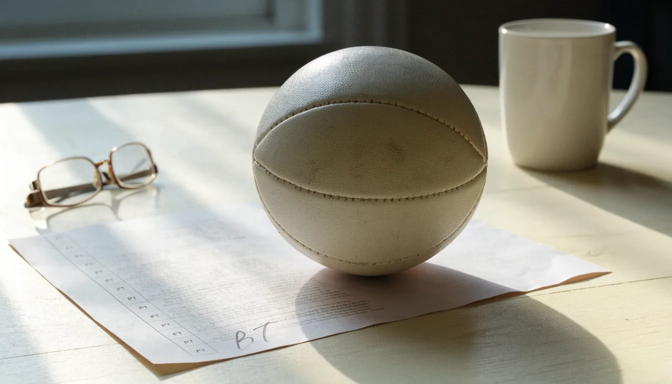 Uma bola de futebol pousada sobre um talão de apostas em branco numa mesa de madeira, à luz do dia