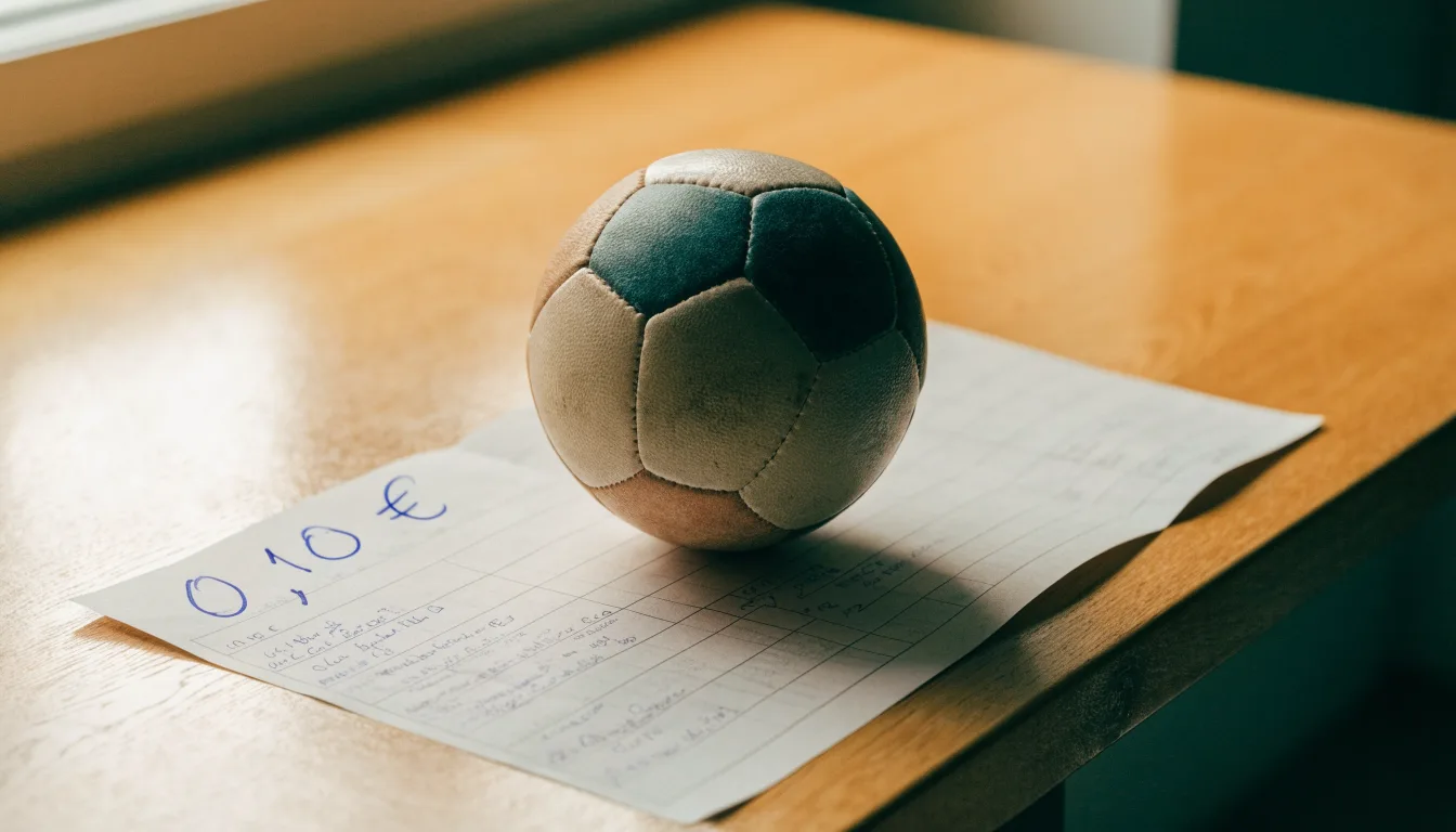 Uma bola de futebol pousada sobre um talão de apostas em branco numa mesa de madeira, à luz do dia
