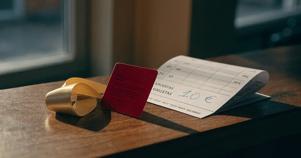 Um cartão de oferta com uma fita dourada ao lado de um talão de apostas numa bancada de madeira