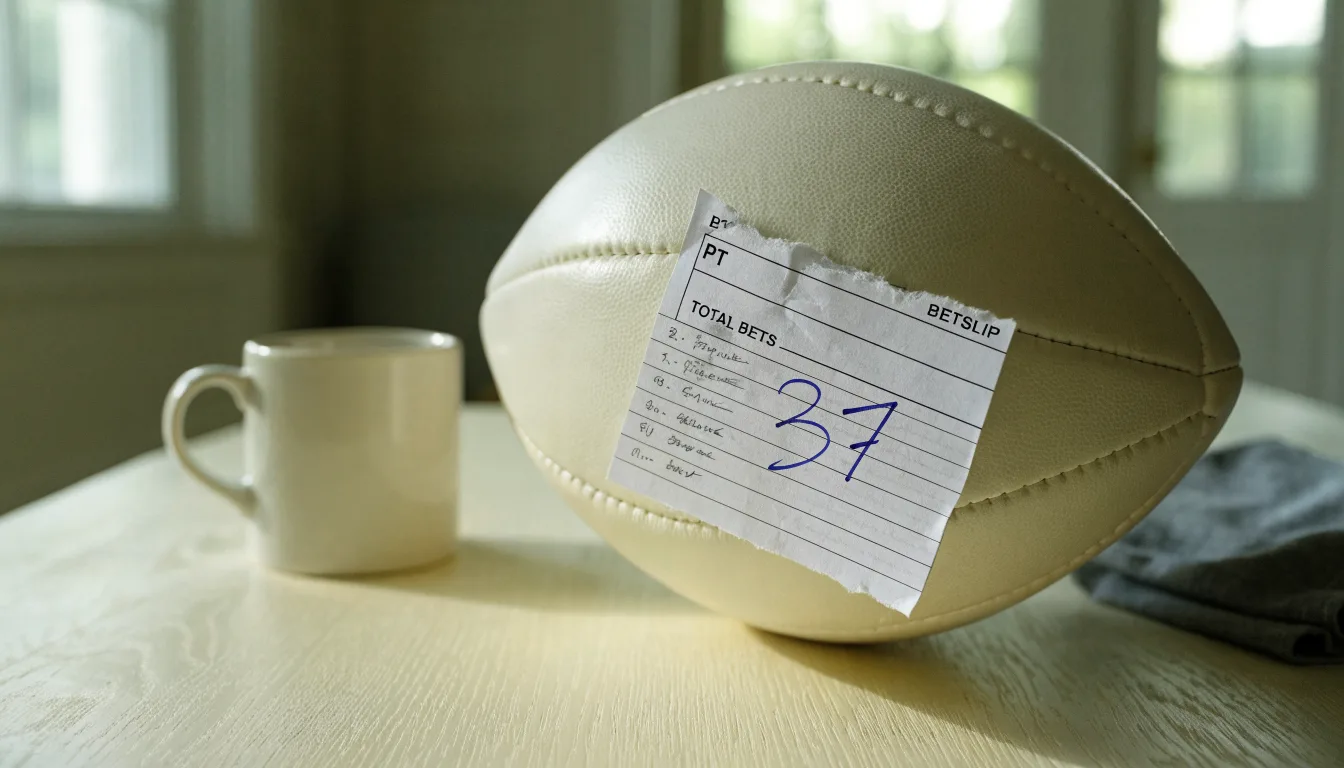 Uma bola de futebol pousada sobre um talão de apostas em branco numa mesa de madeira, à luz do dia