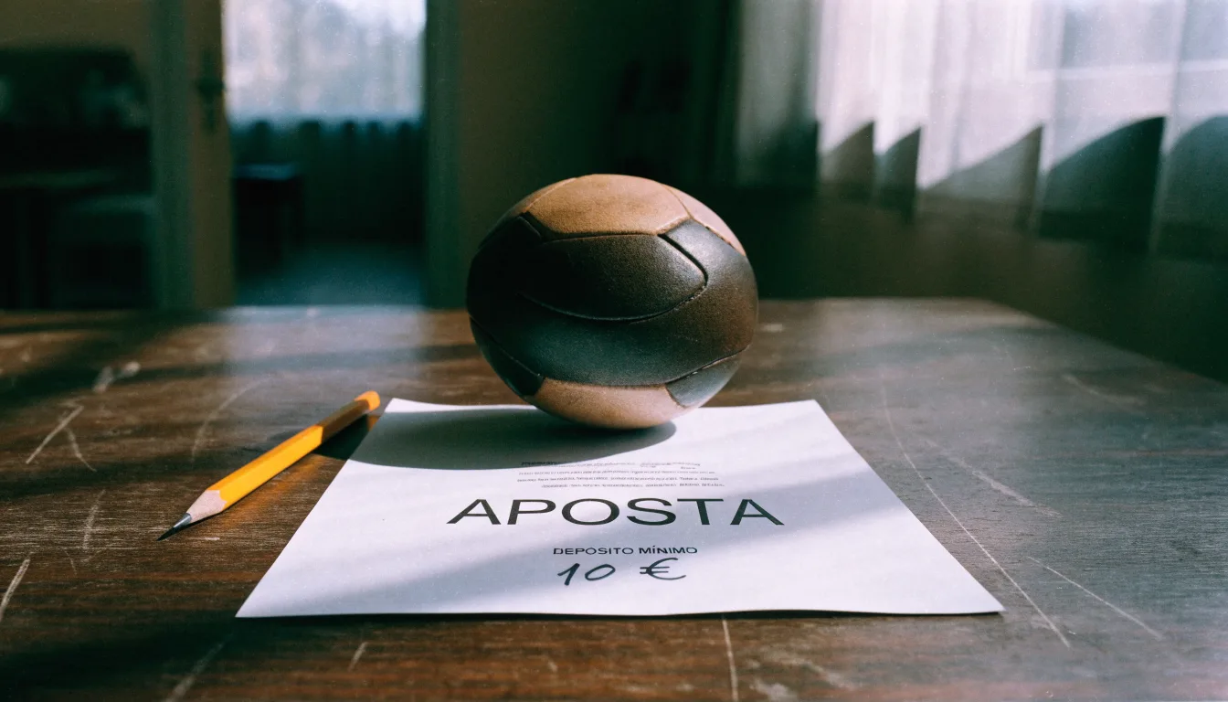 Uma bola de futebol pousada sobre um talão de apostas em branco numa mesa de madeira, à luz do dia