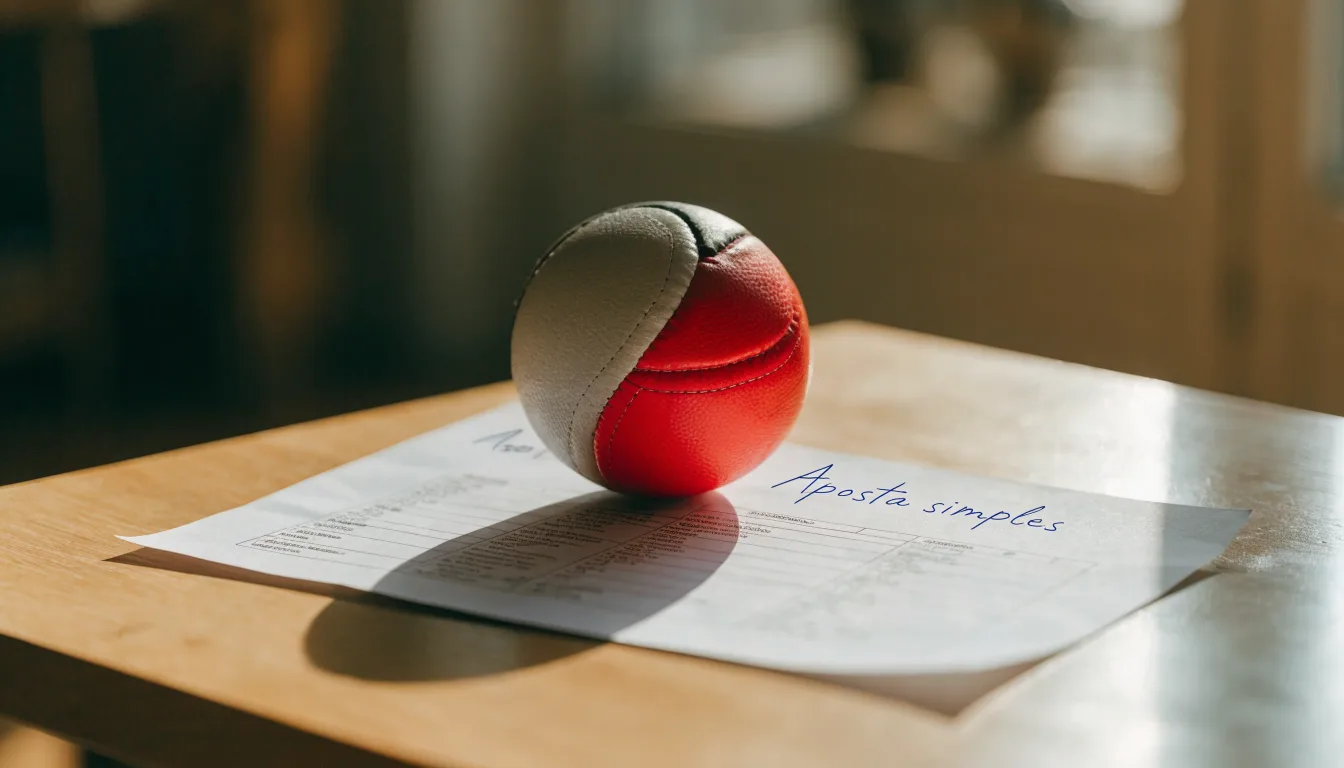 Uma bola de futebol pousada sobre um talão de apostas em branco numa mesa de madeira, à luz do dia
