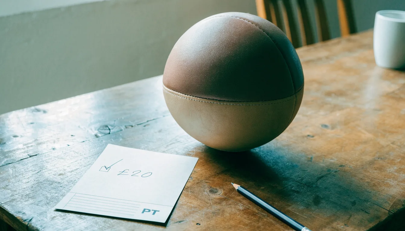 Uma bola de futebol pousada sobre um talão de apostas em branco numa mesa de madeira, à luz do dia