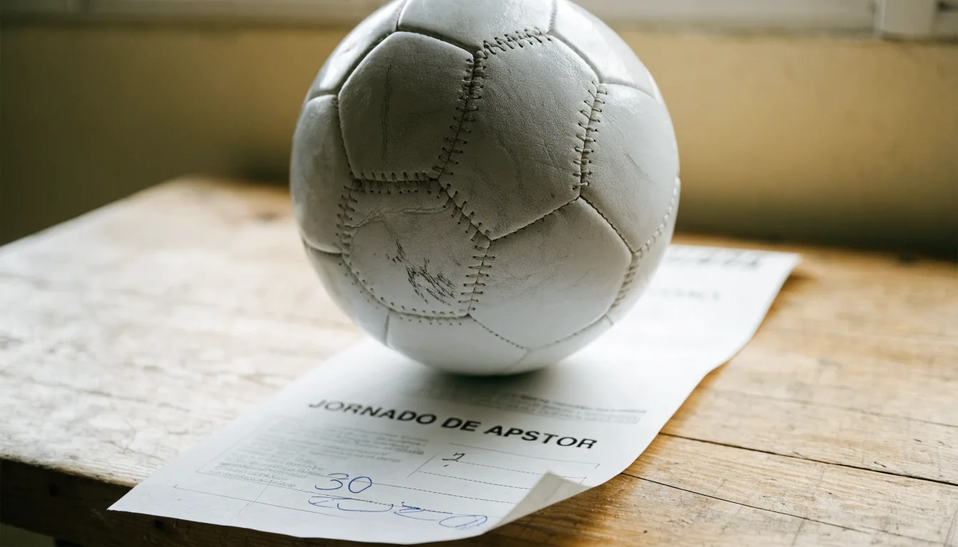 Uma bola de futebol pousada sobre um talão de apostas em branco numa mesa de madeira, à luz do dia