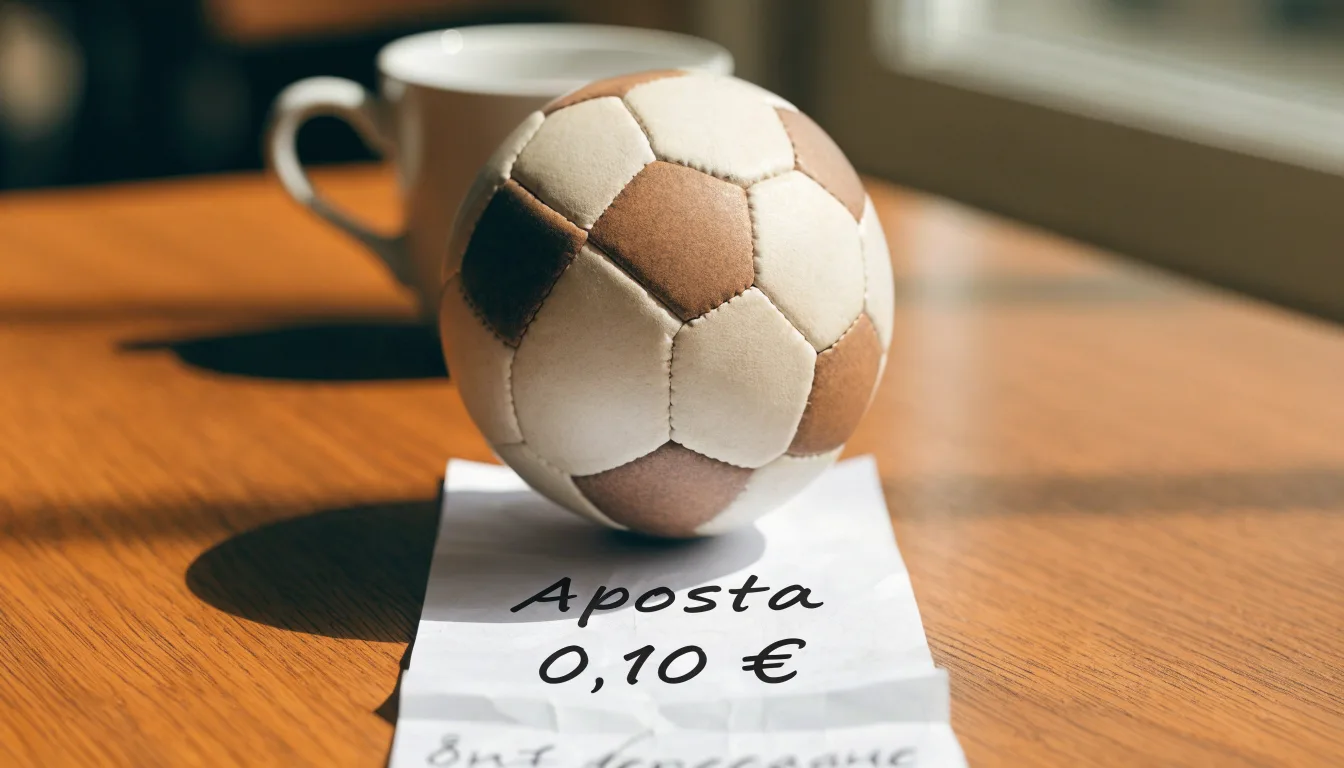 Uma bola de futebol pousada sobre um talão de apostas em branco numa mesa de madeira, à luz do dia