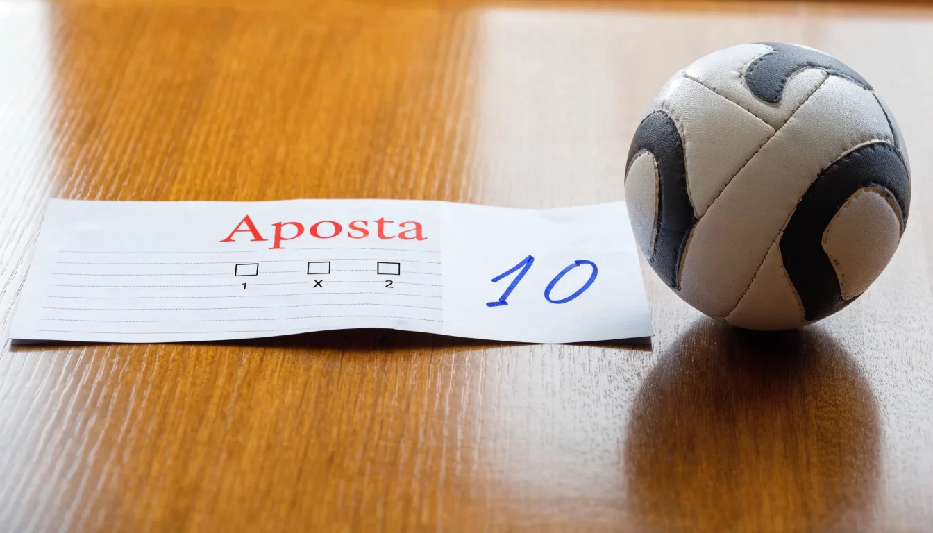 Uma bola de futebol pousada sobre um talão de apostas em branco numa mesa de madeira, à luz do dia