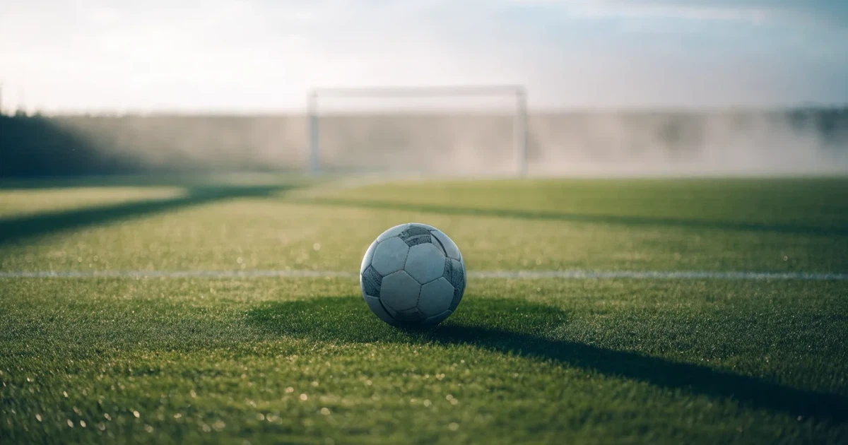 Uma bola de futebol no ponto central de um relvado, à luz da manhã